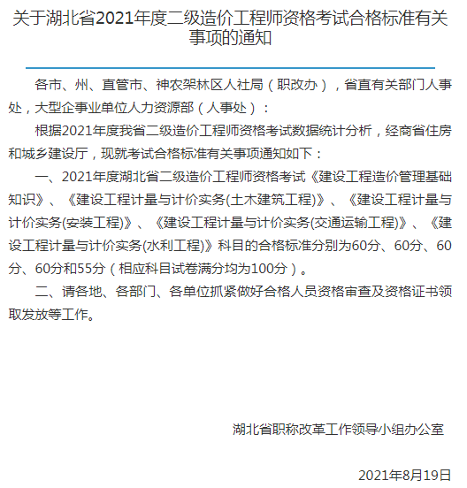 湖北2021年二級造價工程師考試合格標準公布